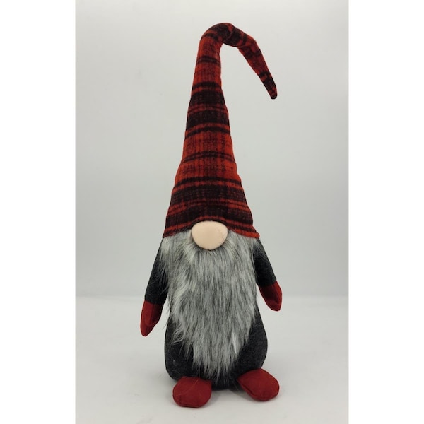 Homeroots 29 in. Plaid Fabric Standing Gnome, Red & Black - 483524