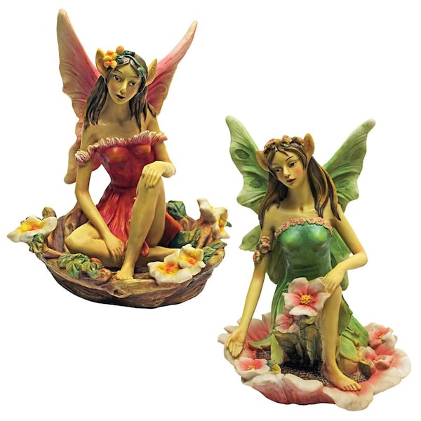 Design Toscano The Red and Green Fairy of Acorn Hollow Statues: Set of Two - QM917589