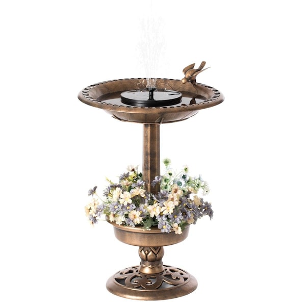 Fondo Outdoor Garden Bird Bath & Solar Powered Round Pond Fountain with Planter Bowl; Copper - FO2641883