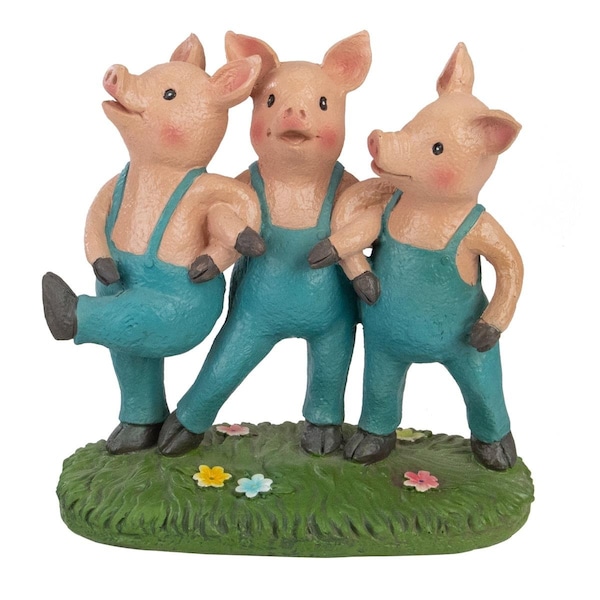 Heat Wave 8 in. Three Pigs Dancing in Overalls Outdoor Garden Statue, Blue - HE1772134