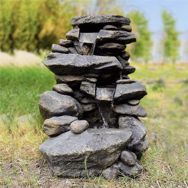 Xbrand 26.4'H Polystone/Stone Powder Indoor Outdoor 3-Tier Rocky Water Fountain with LED Lights - ORT-FL002A