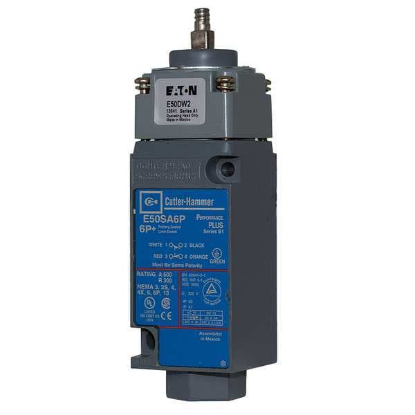 Interruptor de límite de servicio pesado Eaton, palanca móvil, 2NC/2NO, 10A @ 600V CA, Ubicación del actuador: Superior - E50BW26P
