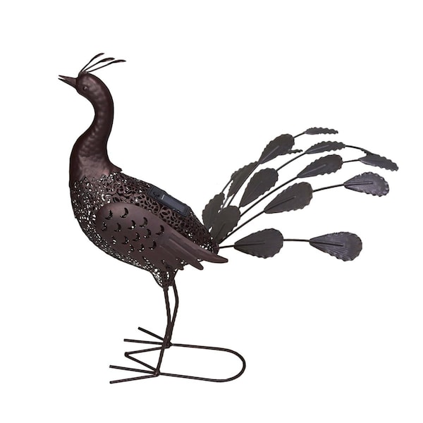 Pisos 22 in. Steel Animal Garden Peacock Metal Sculpture Statue w/Solar Light & Ground Stake, Bronze - PI2628465