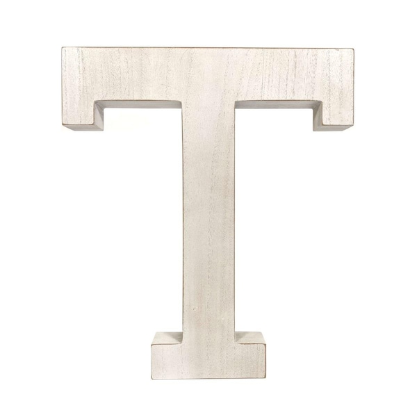 Homeroots 16 in. Distressed Wooden Initial Letter T Sculpture, White Wash - 478372