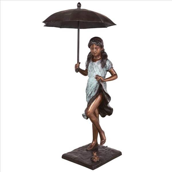 Design Toscano Singing in the Rain Young Girl with Umbrella Cast Bronze Garden Statue - DK1889