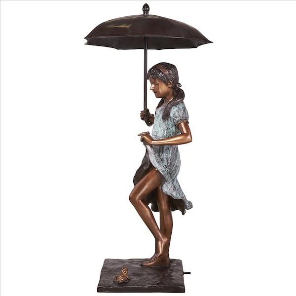 Design Toscano Singing in the Rain Young Girl with Umbrella Cast Bronze Garden Statue - DK1889