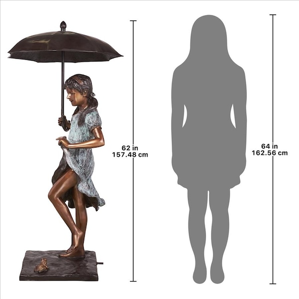 Design Toscano Singing in the Rain Young Girl with Umbrella Cast Bronze Garden Statue - DK1889