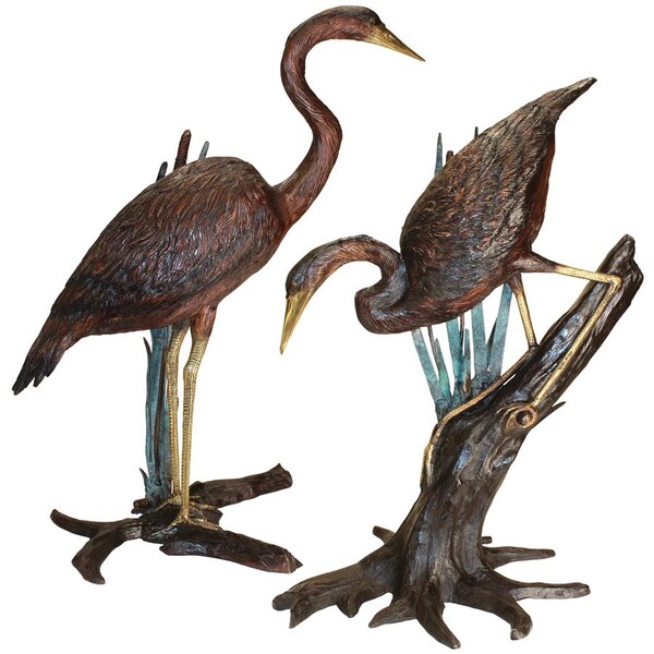 Design Toscano Standing and Fishing Herons in Reeds Bronze Statues: Set of Two - KW98111