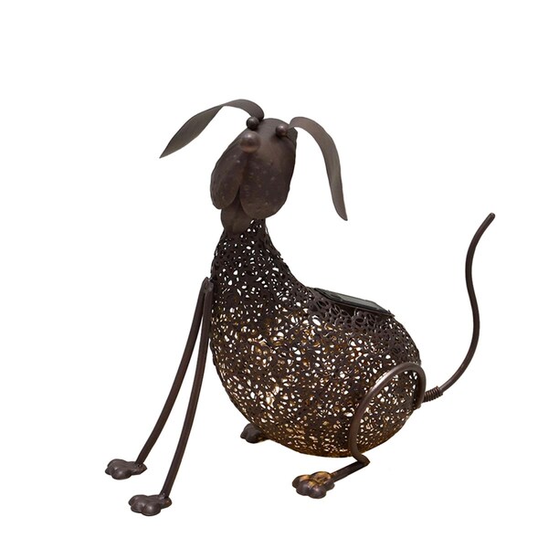 Pisos 14.2 in. Steel Animal Garden Dog Metal Puppy Sculpture Statue w/Solar Light & Ground Stake, Bronze - PI3111197