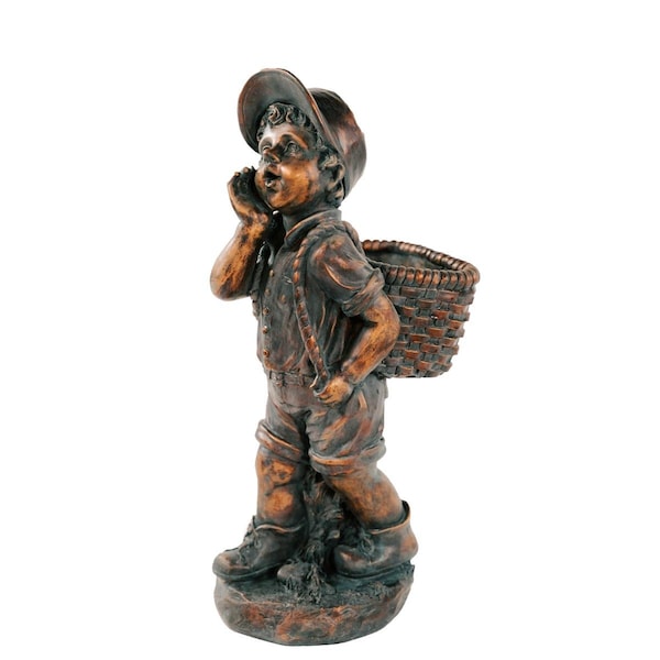 Superherostuff 24' H Faux Bronze Magnesium Oxide Walking Boy Garden Statue w/Small Flower Plant Pot - PA2547193