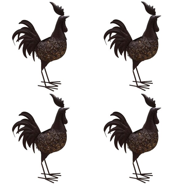 Oakland Living 24 in. Steel Garden Rooster Metal Bird Sculpture Statue w/Solar Light & Ground Stake, Bronze, 4PK - 650262-ROOSTER-4-HB