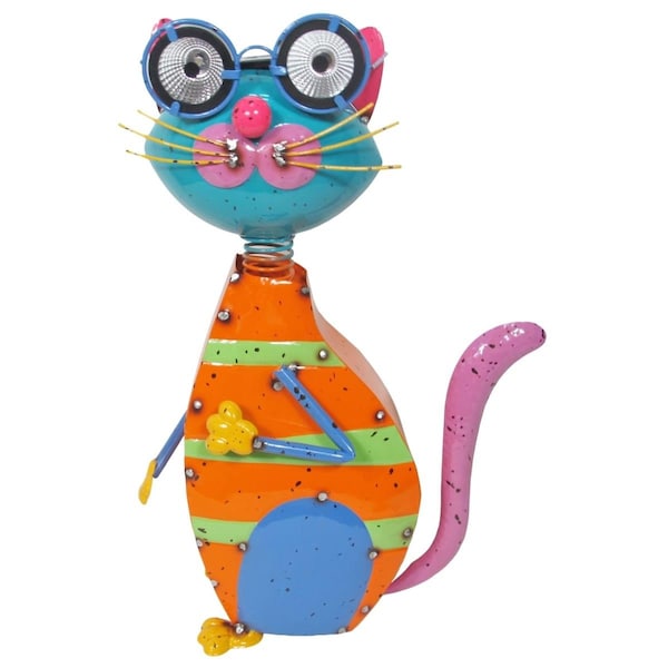 Continental Art Center Colorful Enameled Metal Cat with Solar Eyes Statue - 21289