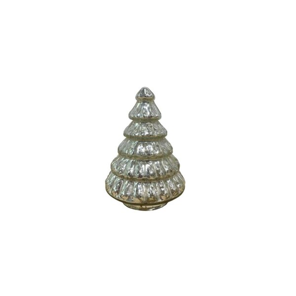 Homeroots 7 in. Glass Christmas Tree Sculpture, Embossed Silver - 489096