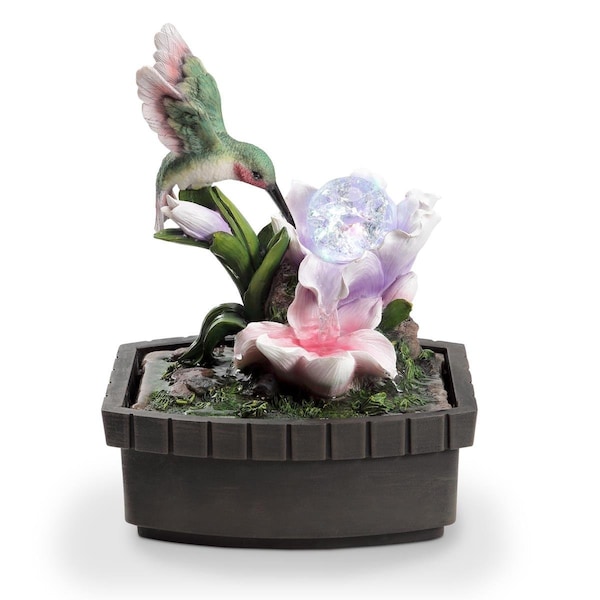 Palacedesigns 11 in. Polyresin Hummingbird Tabletop Fountain; Pink; Green & Brown - PA3109363