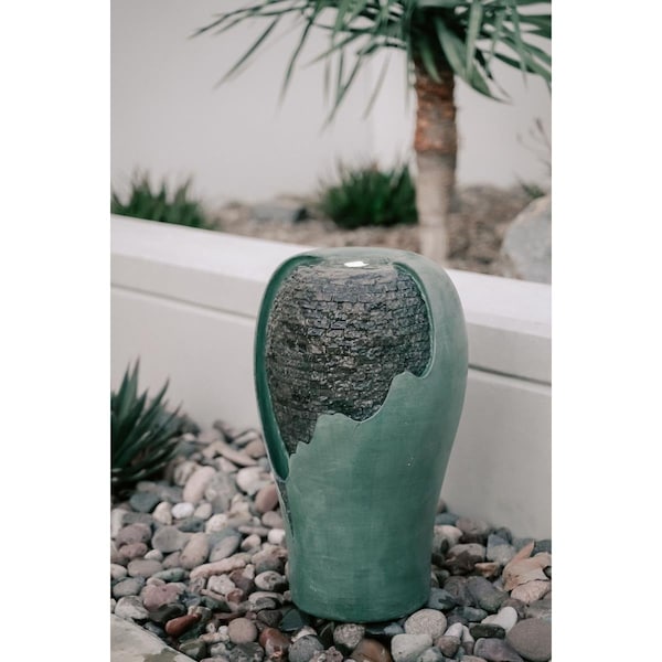 Xbrand 25 in. Tall Modern Round Broken Egg Shell Water Fountain, LED Light-Turquoise-Indoor Outdoor Decor - CR2515FTTUR