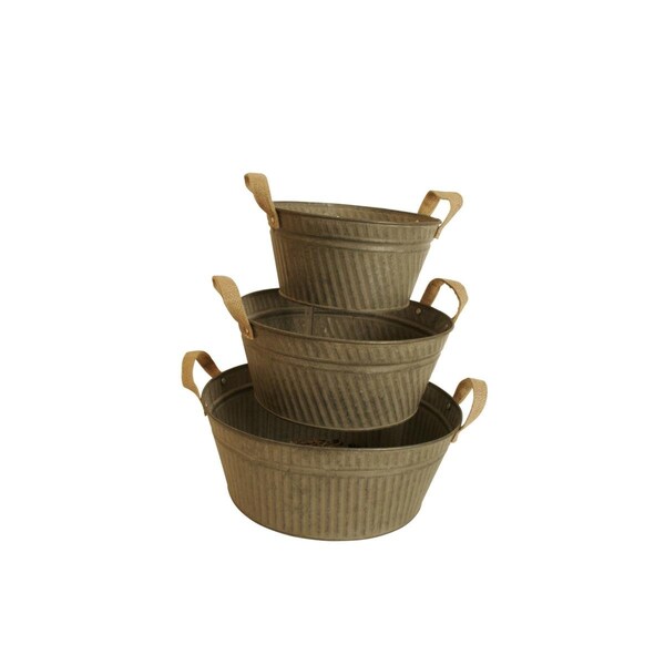 Wald Imports 8668-S3-RD Round Rustic Galvanized Metal Container With Burlap Handles - 8668/S3-RD
