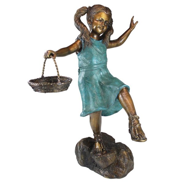 Design Toscano Brittany with a Basket, Little Girl Cast Bronze Garden Statue - PN6326