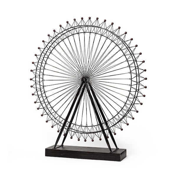 Homeroots 32 x 29 x 5 in. Black Metal & Wood London Eye Moveable Sculpture - 392560