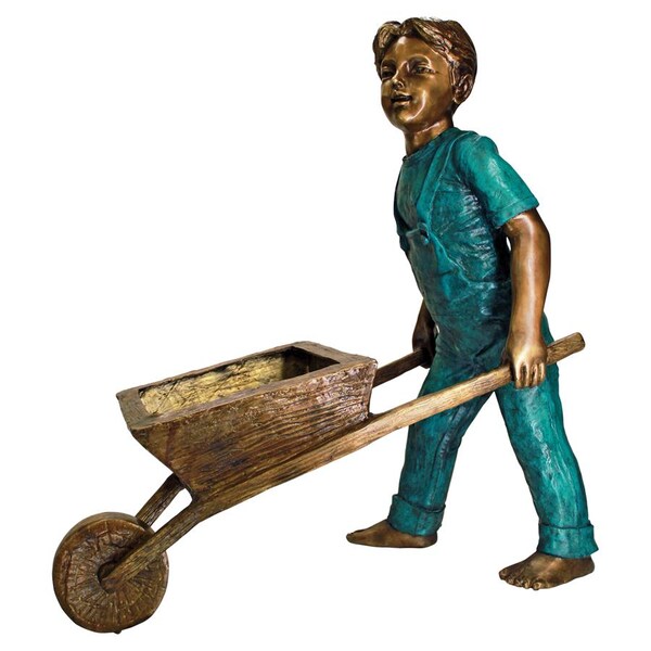 Design Toscano Wheelbarrow Willie, Garden Boy Cast Bronze Garden Statue - PN5618