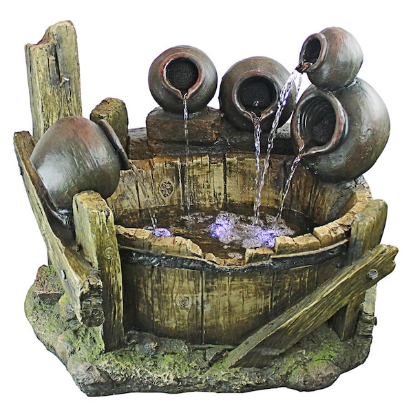 Design Toscano Urns and Barrel Cascading Waterfall Illuminated Garden Fountain - QN1638