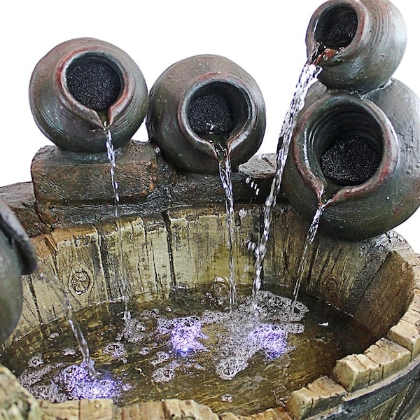 Design Toscano Urns and Barrel Cascading Waterfall Illuminated Garden Fountain - QN1638