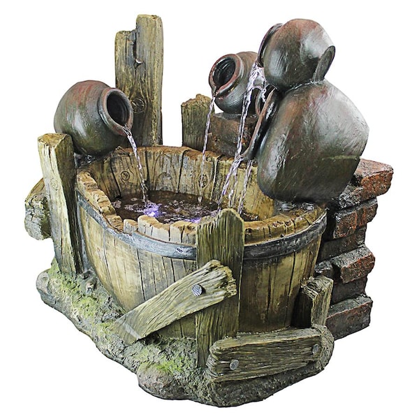 Design Toscano Urns and Barrel Cascading Waterfall Illuminated Garden Fountain - QN1638