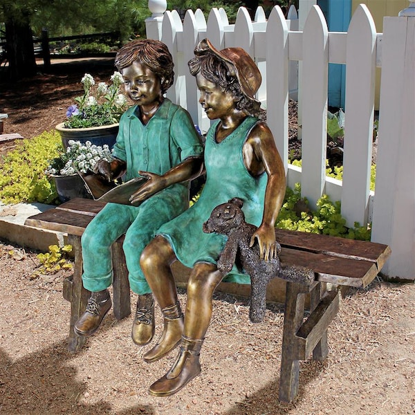 Design Toscano Read to Me, Boy and Girl on BenchCast Bronze Garden Statue - PN7303