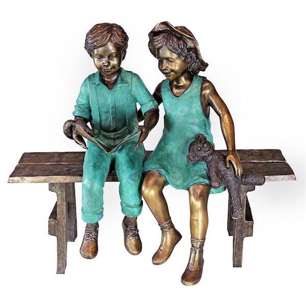 Design Toscano Read to Me, Boy and Girl on BenchCast Bronze Garden Statue - PN7303