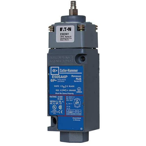 Interruptor de límite Eaton de servicio pesado, palanca oscilante, 1NC/1NO, 10A @ 600V CA, Ubicación del actuador: Superior - E50AW16P