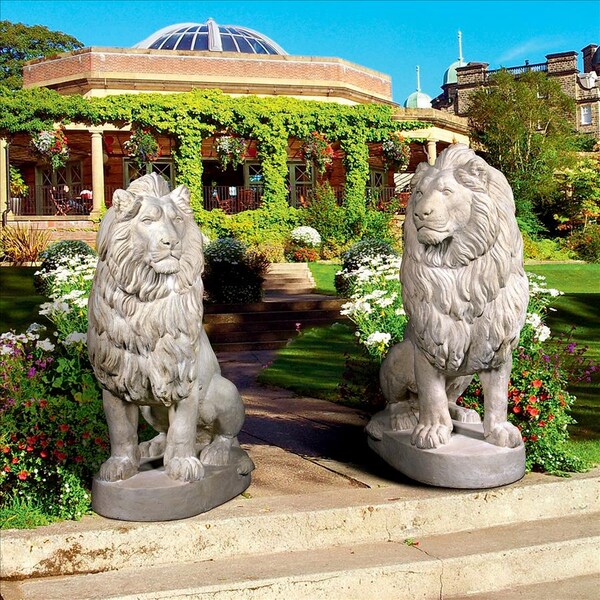 Design Toscano Stately Chateau Lion Sentinel Garden Statues: Set of Left and Right - NE9160274