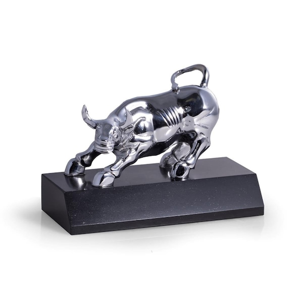Stockage Supreme Chrome Plated Bull Sculpture on Black Marble Base, Black - ST2537216