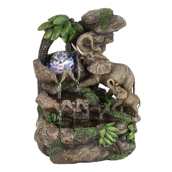 Homeroots 11 in. Polyresin Elephant Tabletop Fountain with Light, Gray - 468299