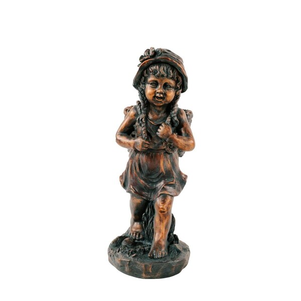 Xbrand 24' H Faux Bronze Magnesium Oxide Walking Girl Garden Statue w/Small Flower Plant Pot - BRONZEGIRLX5