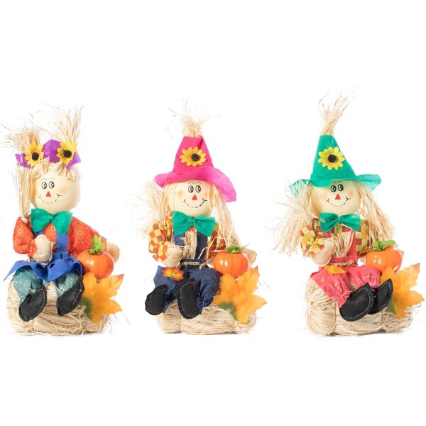Invernaculo 13 x 6 x 5.50 in. Garden Scarecrows Sitting on Hay Bale Decor, Multi Color - Set of 3 - IN3721608
