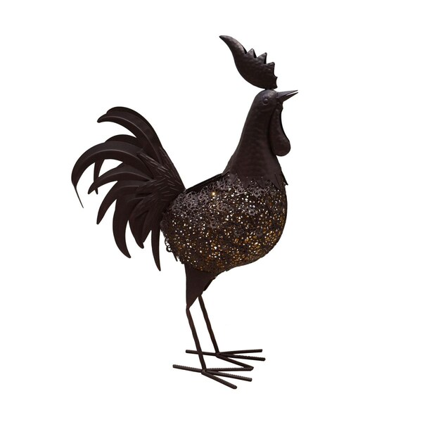 Pisos 24 in. Steel Animal Garden Rooster Metal Bird Sculpture Statue w/Solar Light & Ground Stake, Bronze - PI3666287