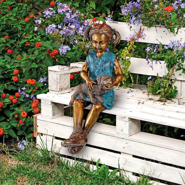 Design Toscano Sitting Savannah, Girl with Dog Cast Bronze Garden Statue - PN6341