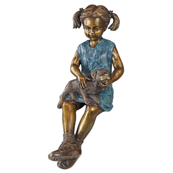 Design Toscano Sitting Savannah, Girl with Dog Cast Bronze Garden Statue - PN6341