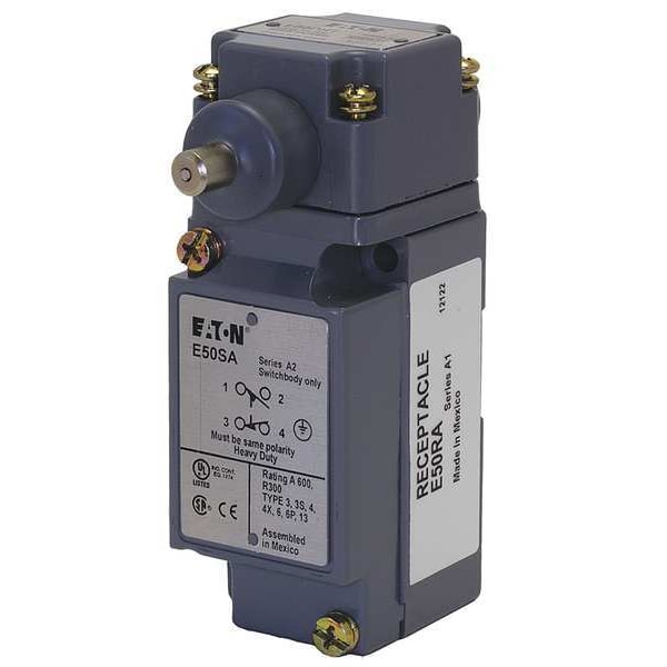 Interruptor de límite de servicio pesado Eaton, émbolo, 1NC/1NO, 10A @ 600V CA, Ubicación del actuador: Lateral - E50AH1