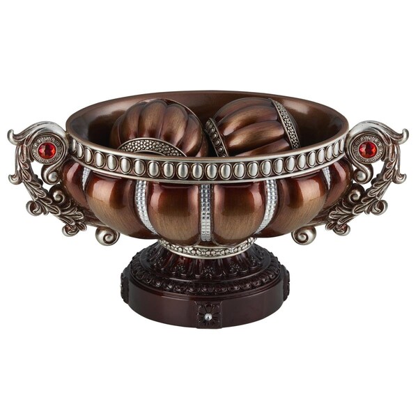 Homeroots 9 in. Polyresin Decorative Bowl with Orbs, Reddish Bronze & Silver - 468323