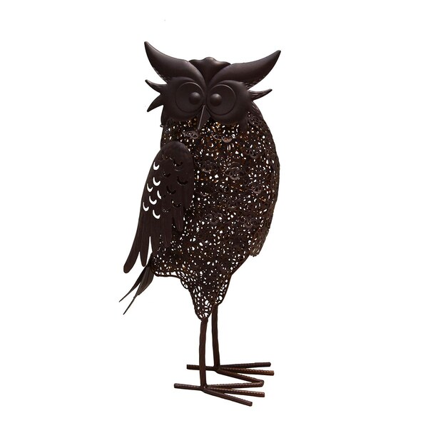 Pisos 16.7 in. Steel Animal Garden Owl Metal Bird Sculpture Statue w/Solar Light & Ground Stake, Bronze - PI3681690