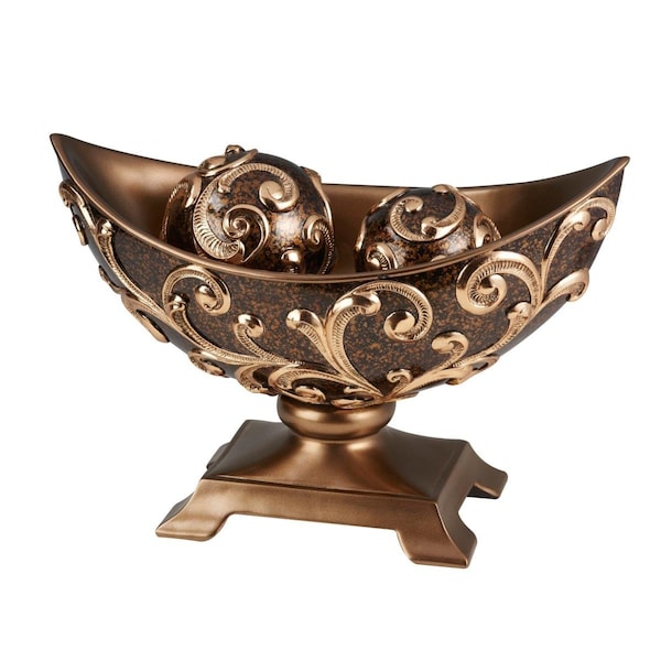 Homeroots 11 in. Polyresin Decorative Bowl with Orbs, Brown & Gold - 468318