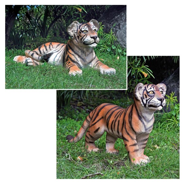 Design Toscano The Grand-Scale Tiger Cub Statues: Standing Cub & Lying Down Cub - NE980150