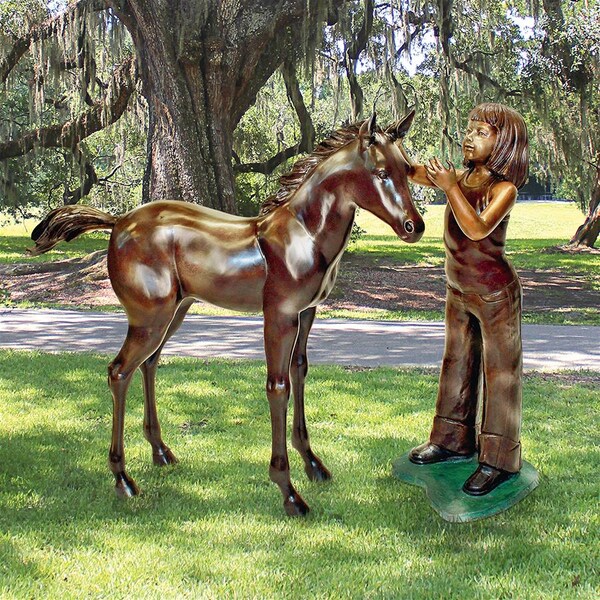 Design Toscano Preening Equestrian Girl and Horse Cast Bronze Garden Statue Set - PB91045