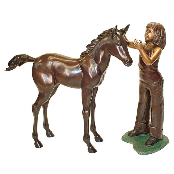 Design Toscano Preening Equestrian Girl and Horse Cast Bronze Garden Statue Set - PB91045