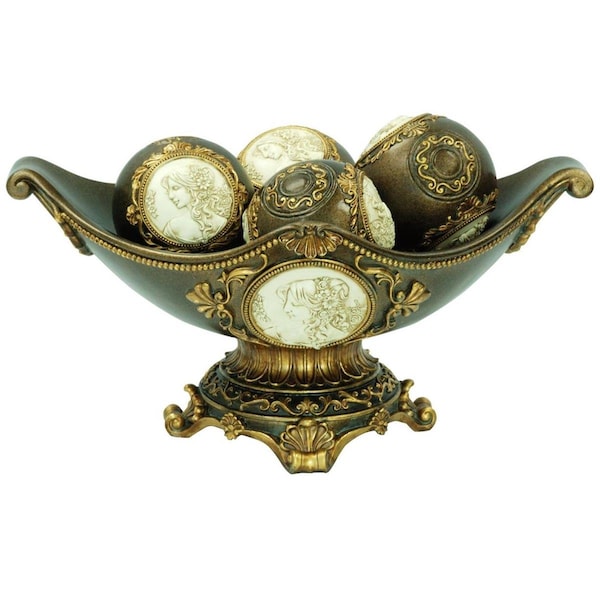 Homeroots 8 in. Polyresin Classical Greek Decorative Bowl with Orbs, Bronze - 468311