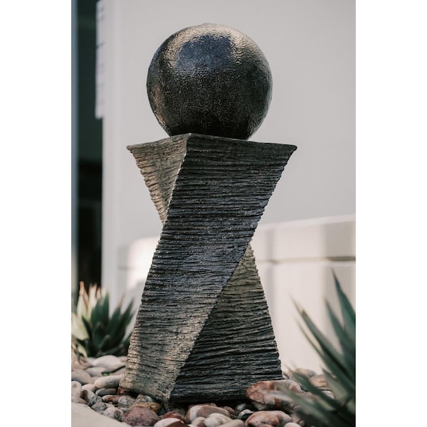 Xbrand 30 in. Tall Modern Curved Swirl Sphere Water Fountain - Black - Indoor Outdoor Decor - CR3012FTBK