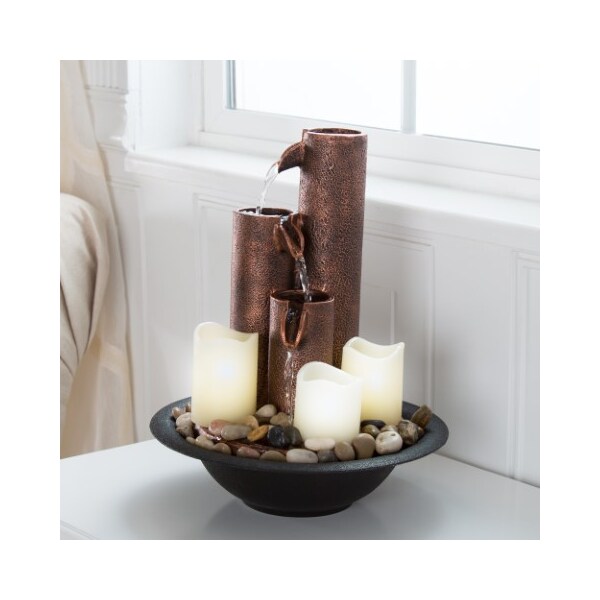 Nature Spring Indoor Water Fountain with LED Lights, Tiered Column Tabletop with Candles, Sound for Office / Home - 682091MAV