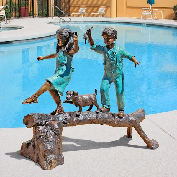 Design Toscano The Adventure, Boy and Girl on Log Cast Bronze Garden Statue - PN7064