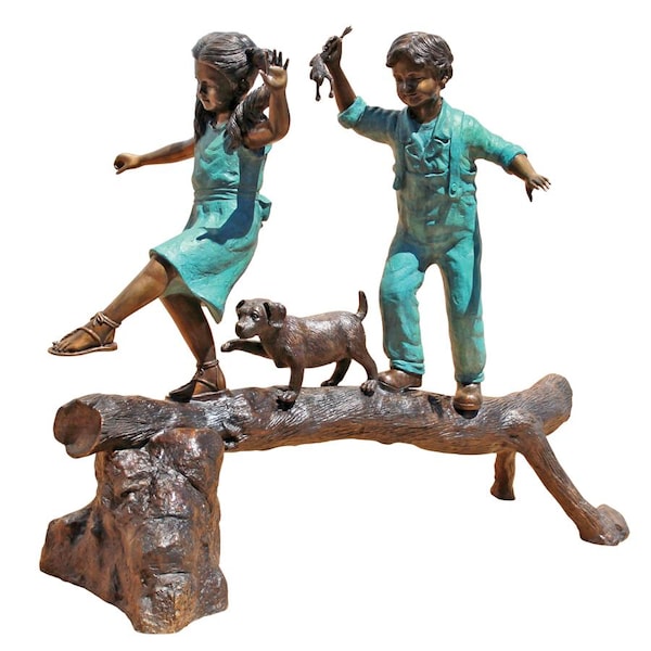 Design Toscano The Adventure, Boy and Girl on Log Cast Bronze Garden Statue - PN7064