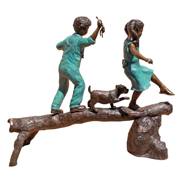 Design Toscano The Adventure, Boy and Girl on Log Cast Bronze Garden Statue - PN7064